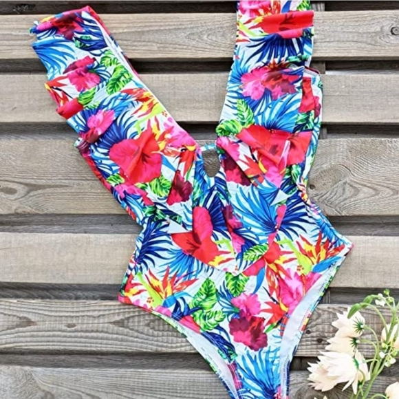 Red and Blue One Piece Swim with Ruffled V-Neckline - Picture 1 of 1